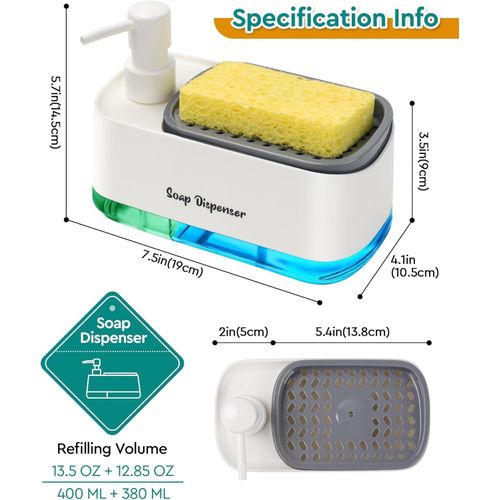 Distributeur de savon et porte-éponge 2-en-1 idéal pour la cuisine.
