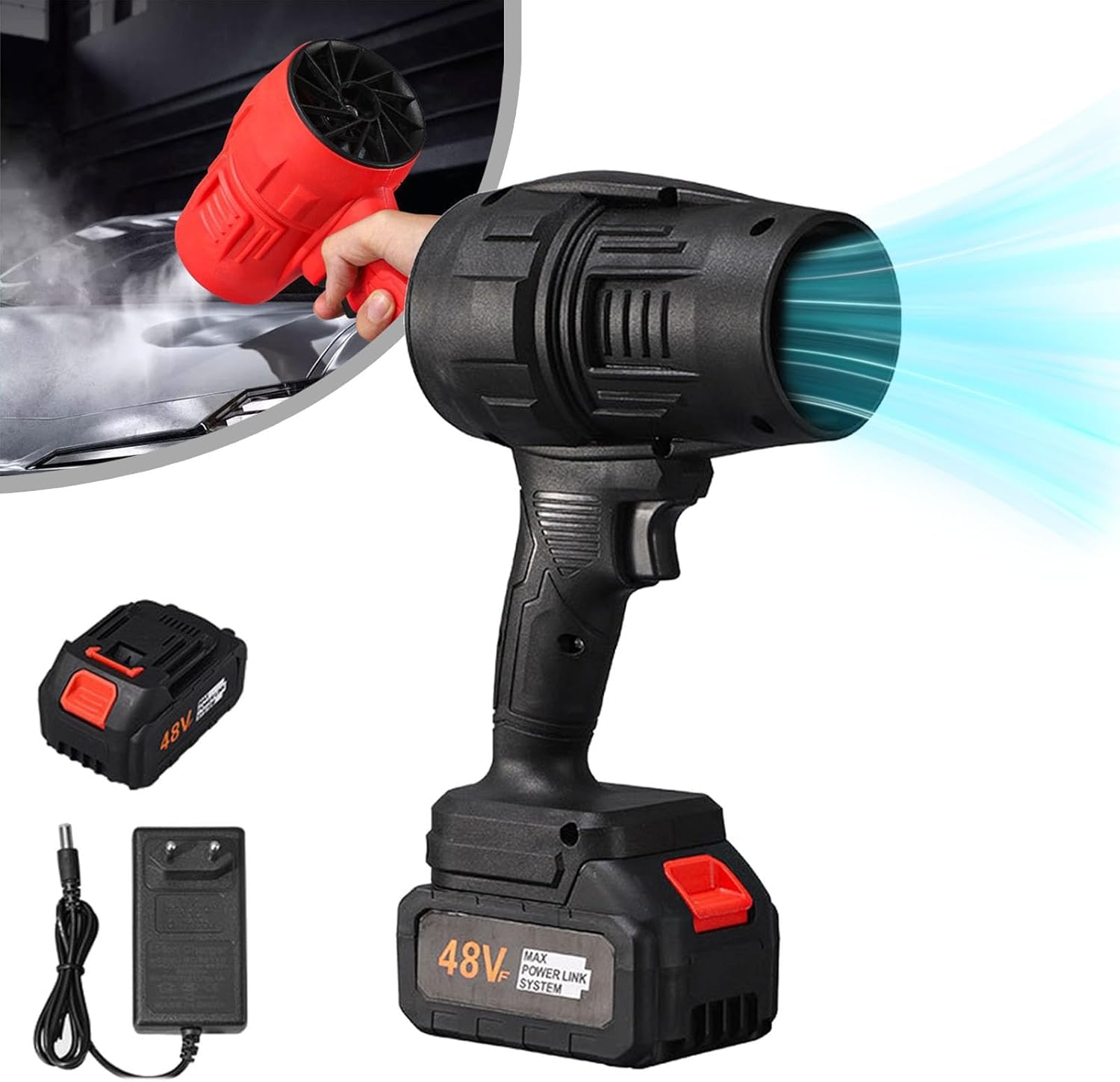 Souffleur d'air portable haute pression Turbodry, rechargeable pour les véhicules et les jardins.