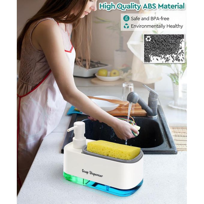 Distributeur de savon et porte-éponge 2-en-1 idéal pour la cuisine.